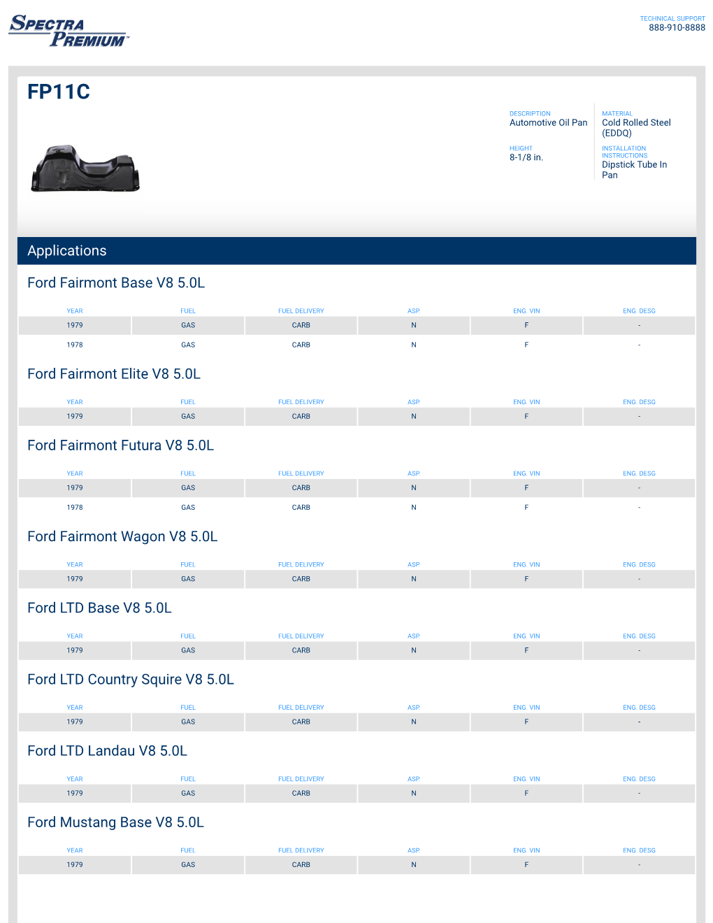 Applications Ford Fairmont Base V8 5.0L Ford Fairmont Elite V8 5.0L Ford Fairmont Futura V8 5.0L Ford Fairmont Wagon V8 5.0L