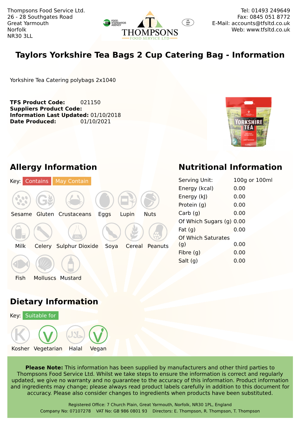 Allergy Information Nutritional Information Taylors Yorkshire Tea Bags 2 Cup Catering