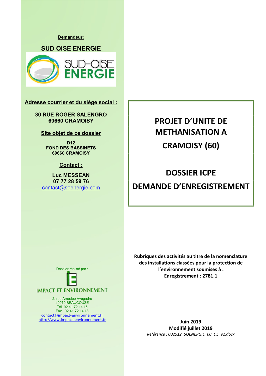 Projet D'unite De Methanisation a Cramoisy (60) Dossier Icpe