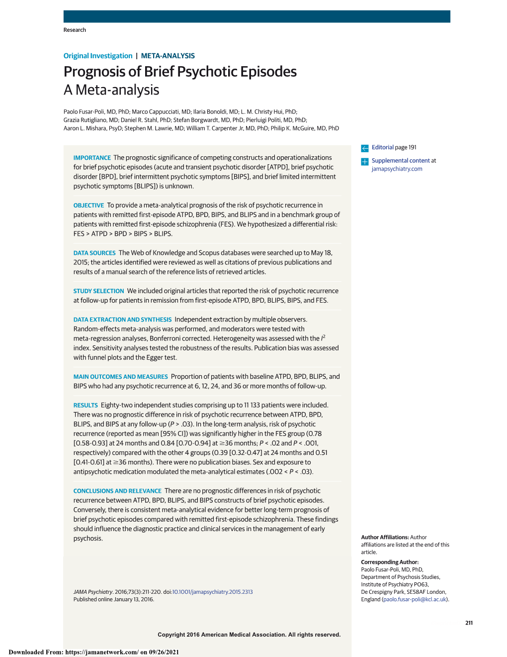 Prognosis of Brief Psychotic Episodes a Meta-Analysis