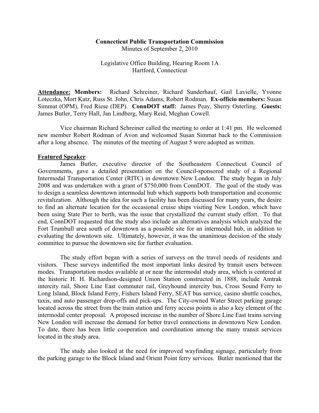 Connecticut Public Transportation Commission Minutes of September 2, 2010