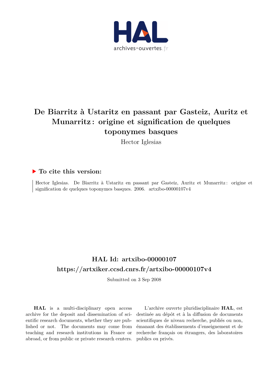 De Biarritz À Ustaritz En Passant Par Gasteiz, Auritz Et Munarritz : Origine Et Signification De Quelques Toponymes Basques Hector Iglesias