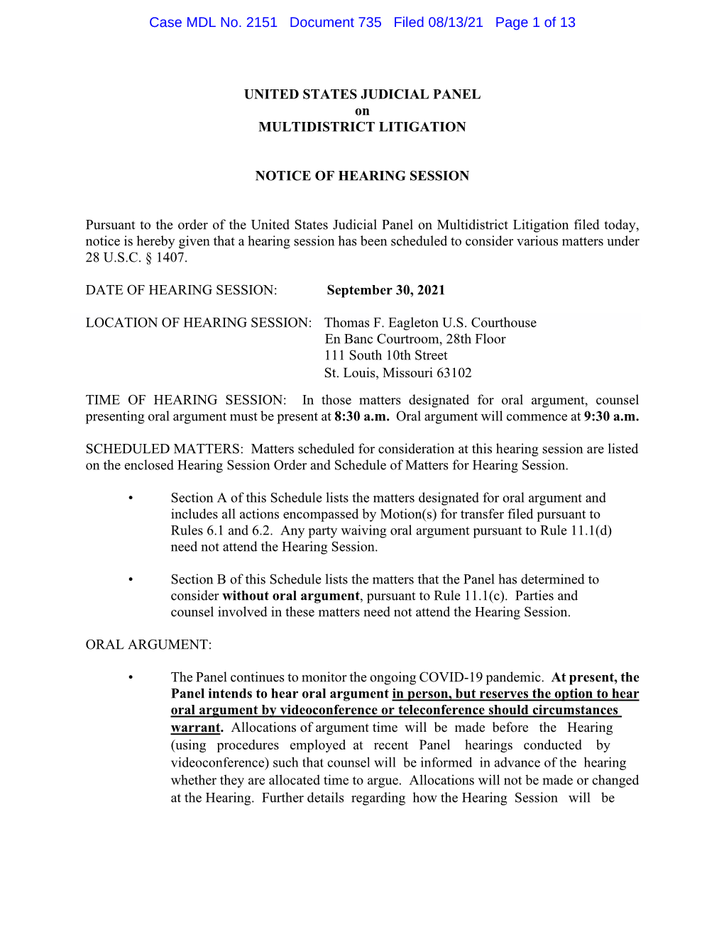 Notice of Hearing Session