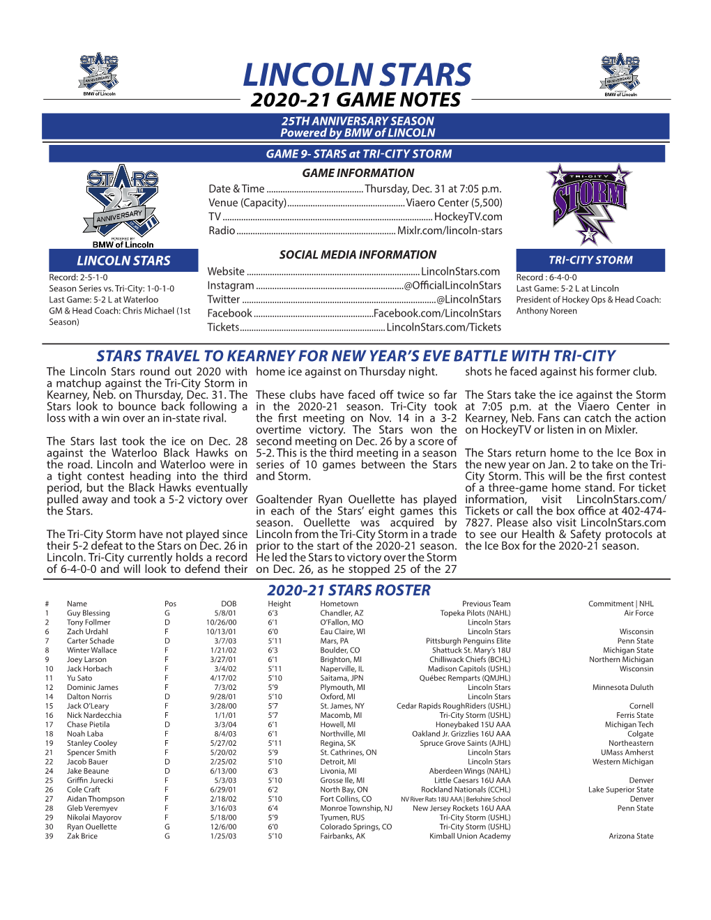 LINCOLN STARS 2020-21 GAME NOTES 25TH ANNIVERSARY SEASON Powered by BMW of LINCOLN GAME 9- STARS at TRI-CITY STORM GAME INFORMATION Date & Time