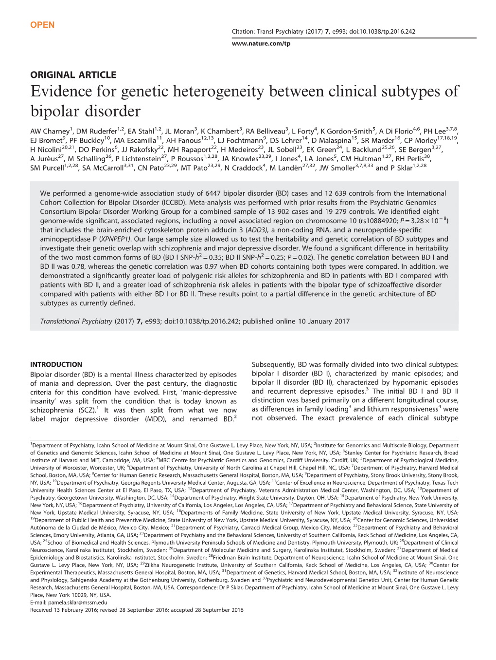 Evidence for Genetic Heterogeneity Between Clinical Subtypes of Bipolar Disorder