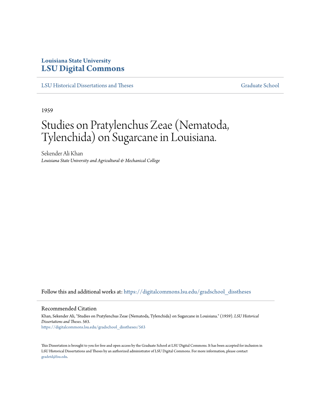 Studies on Pratylenchus Zeae (Nematoda, Tylenchida) on Sugarcane in Louisiana