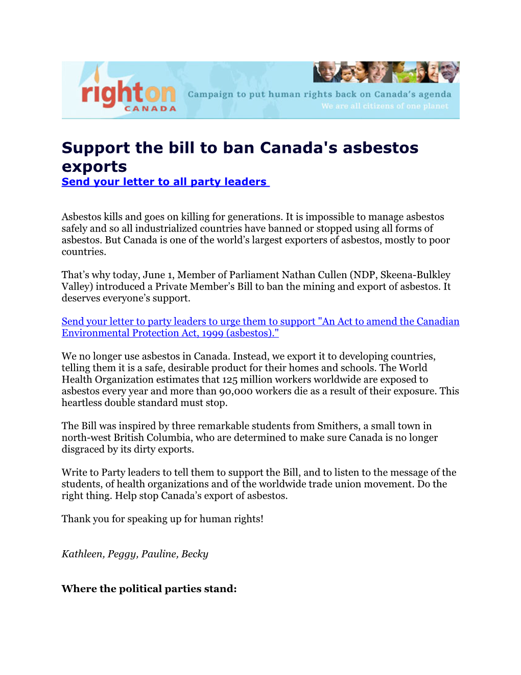 Support the Bill to Ban Canada's Asbestos Exports Send Your Letter to All Party Leaders