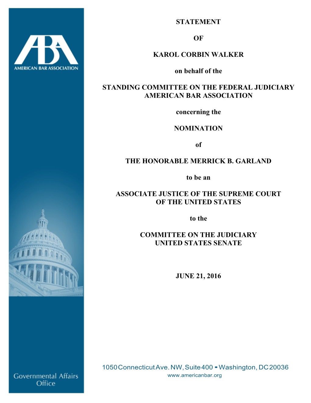 Read the ABA's Statement on Chief Judge Merrick Garland