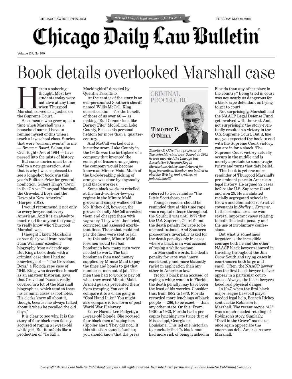 Prof. Timothy O'neill Says Book Details Overlooked Marshall Case