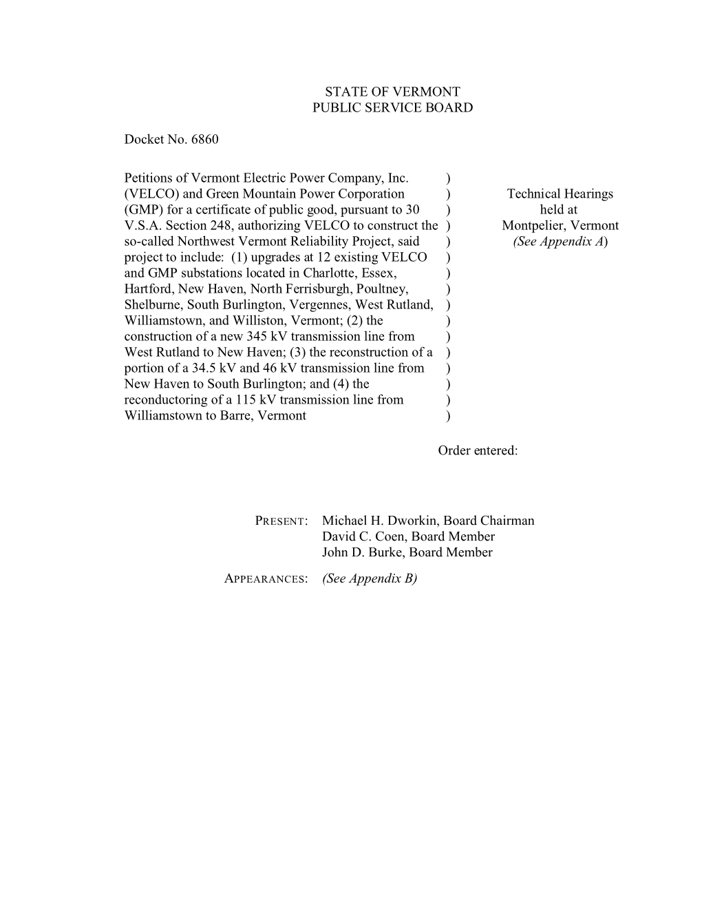 STATE of VERMONT PUBLIC SERVICE BOARD Docket