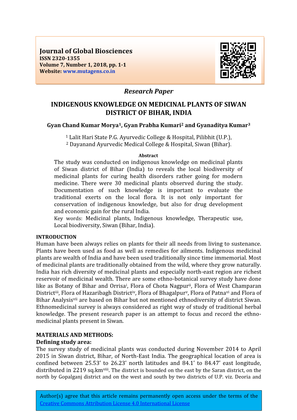 Research Paper INDIGENOUS KNOWLEDGE on MEDICINAL PLANTS of SIWAN DISTRICT of BIHAR, INDIA