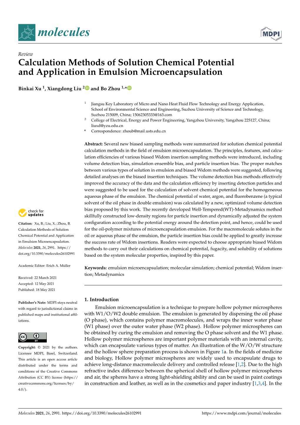 Calculation Methods of Solution Chemical Potential and Application in Emulsion Microencapsulation