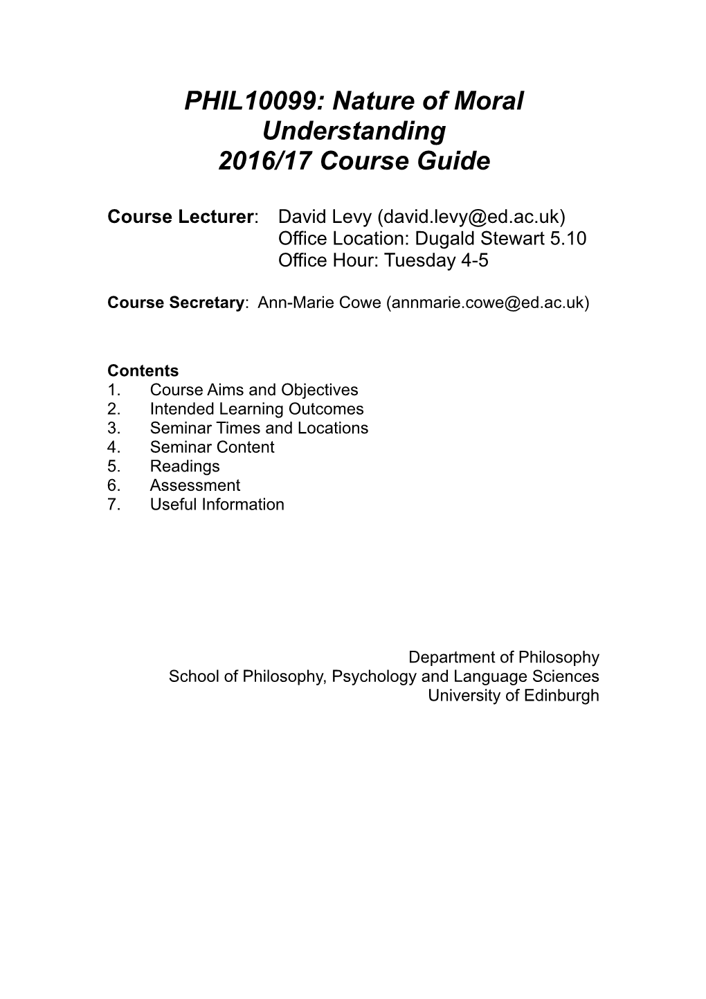 Nature of Moral Understanding 2016/17 Course Guide