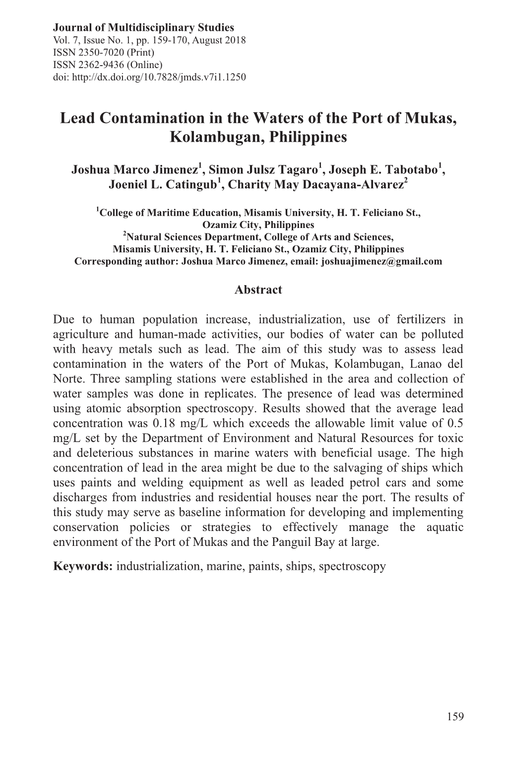 Lead Contamination in the Waters of the Port of Mukas, Kolambugan, Philippines