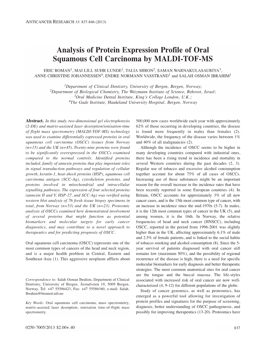 Analysis of Protein Expression Profile of Oral Squamous Cell Carcinoma by MALDI-TOF-MS