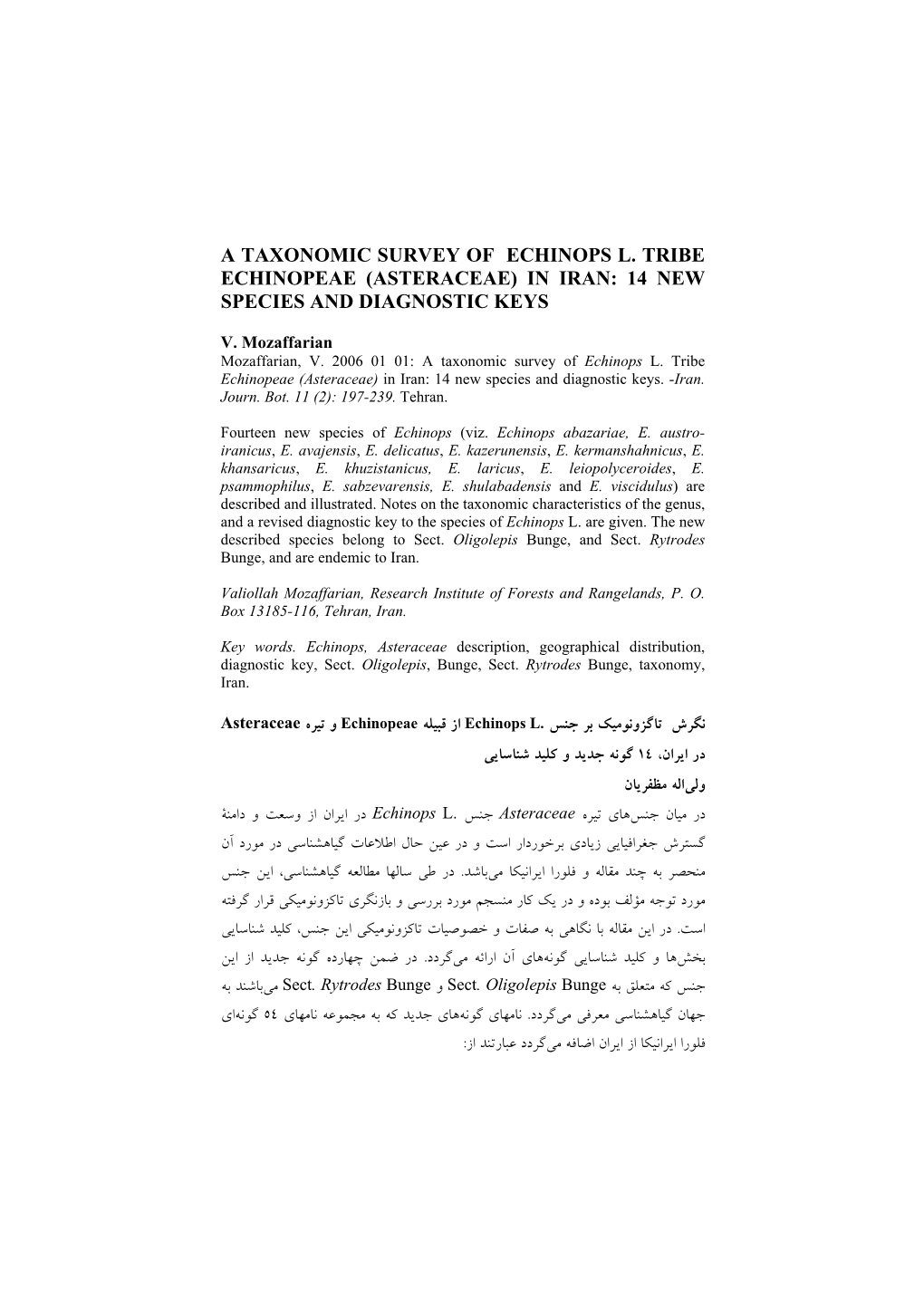 (Asteraceae) in Iran: 14 New Species and Diagnostic Keys