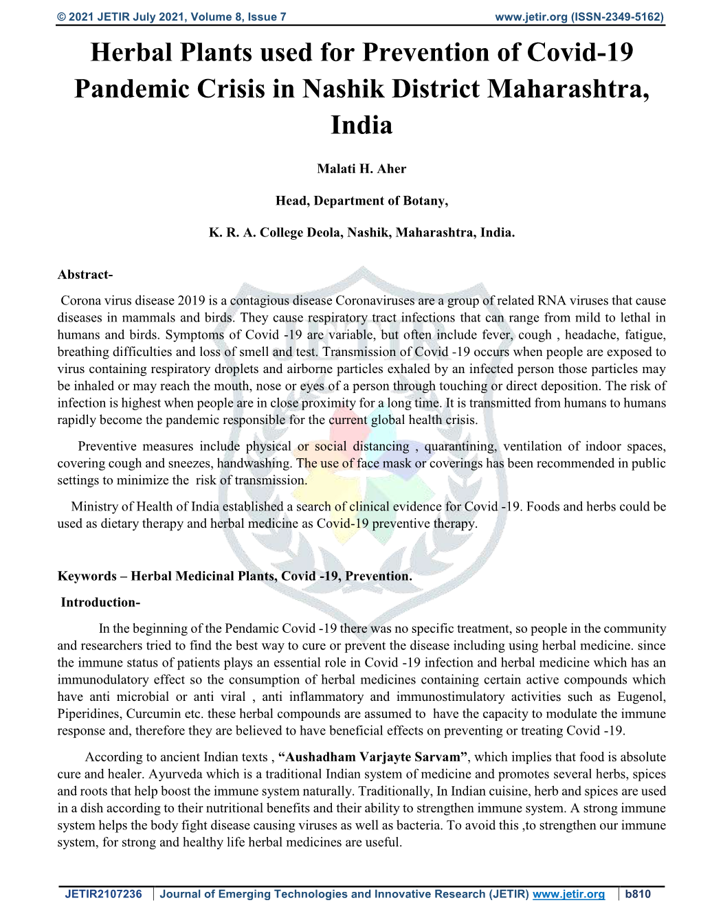 Herbal Plants Used for Prevention of Covid-19 Pandemic Crisis in Nashik District Maharashtra, India