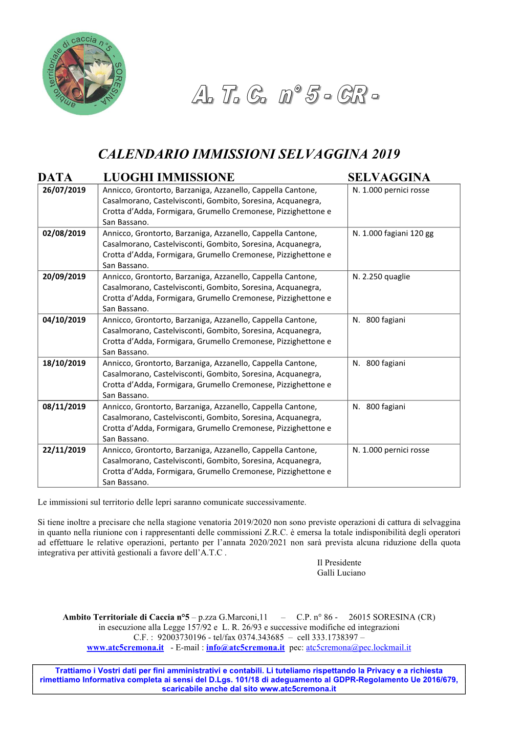 Calendario Immissione Selvaggina 2019