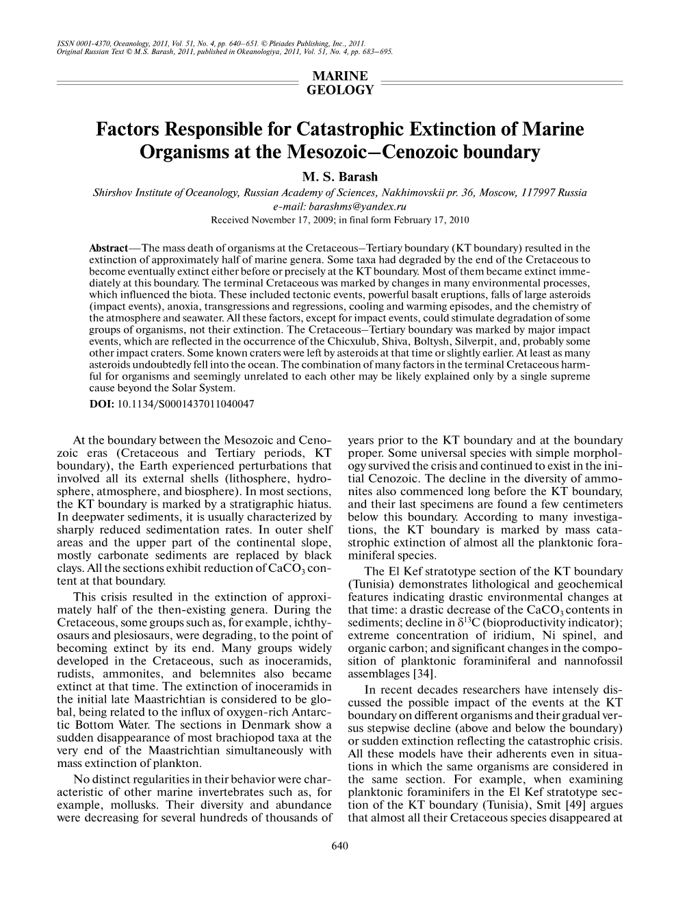 Factors Responsible for Catastrophic Extinction of Marine Organisms at the Mesozoic–Cenozoic Boundary M