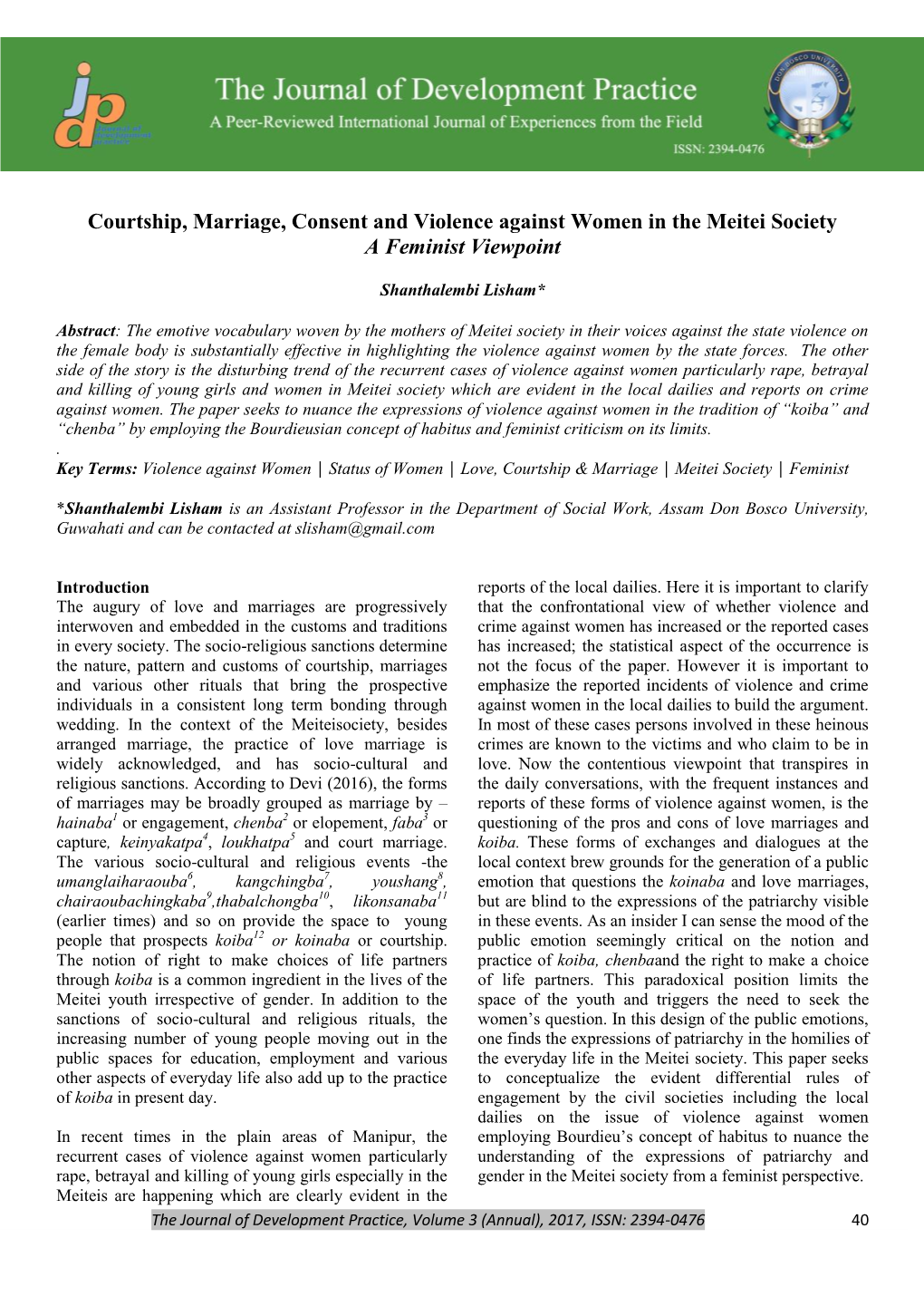 Courtship, Marriage, Consent and Violence Against Women in the Meitei Society a Feminist Viewpoint