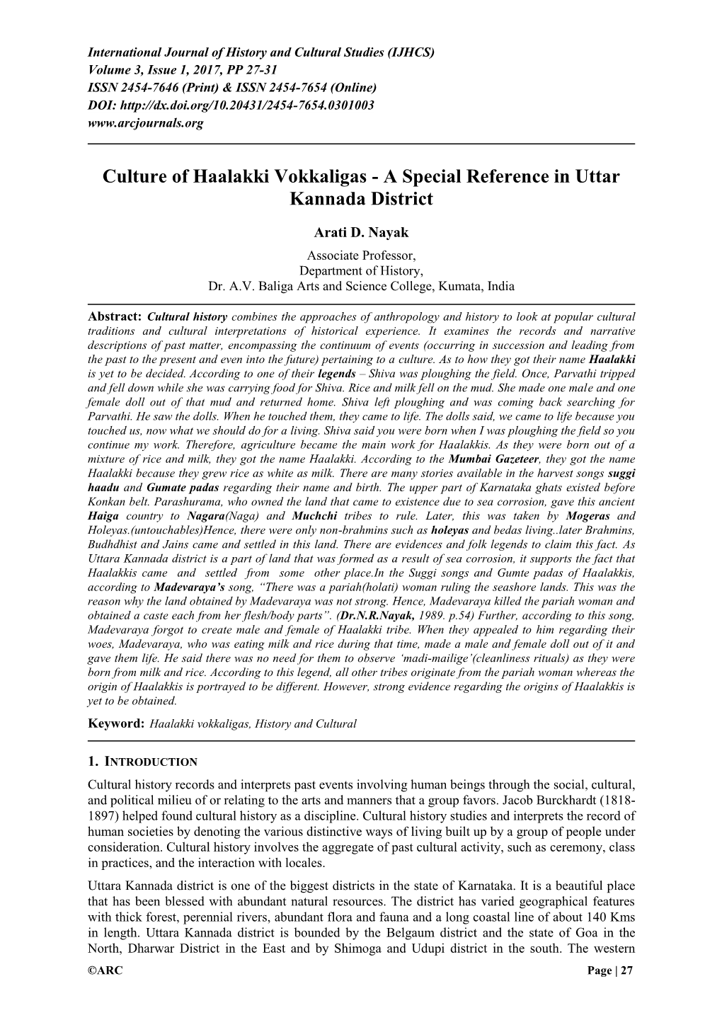 Culture of Haalakki Vokkaligas - a Special Reference in Uttar Kannada District