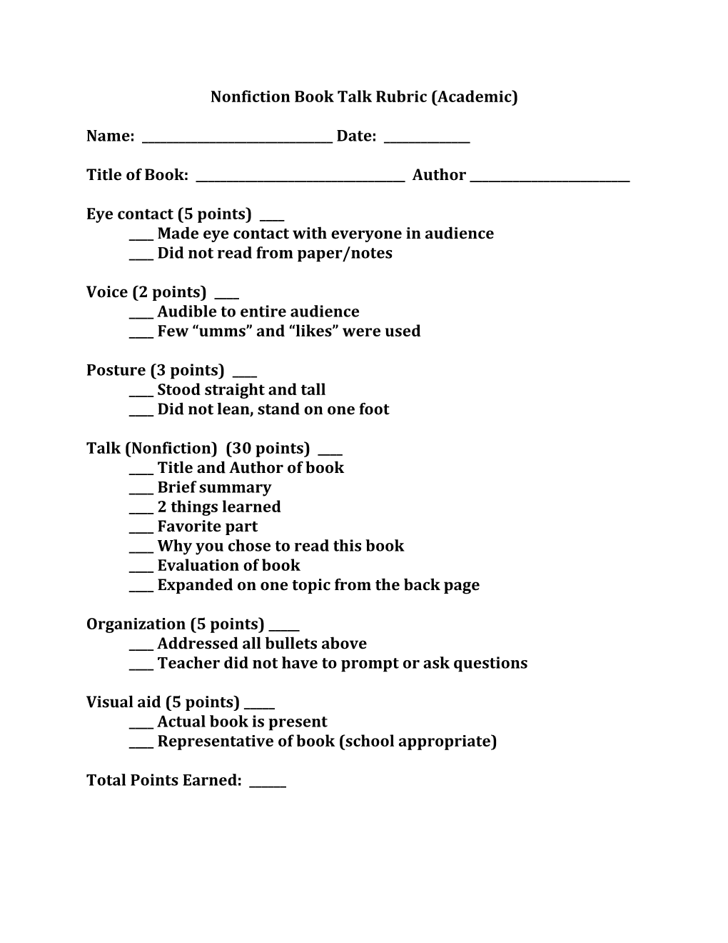 Book Talk Requirements and Rubric