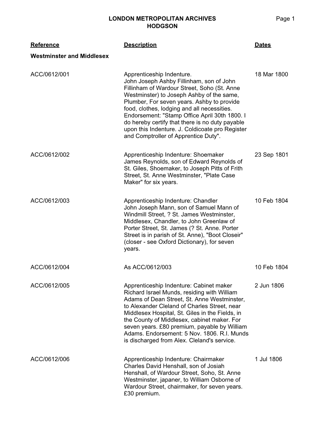 London Metropolitan Archives Hodgson Acc/0612