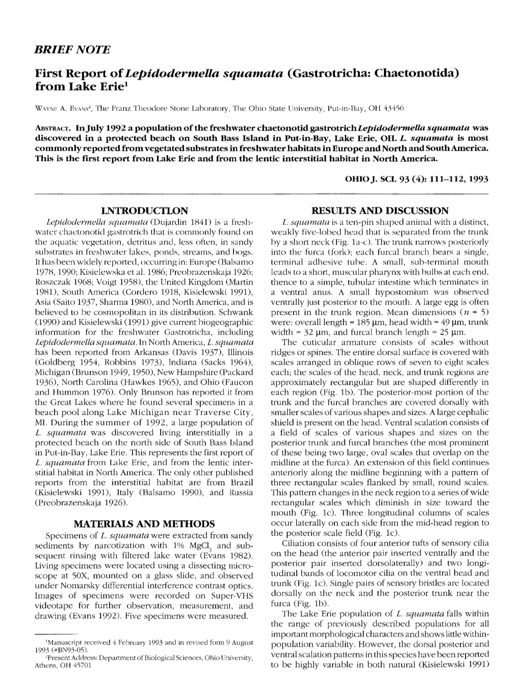 First Report of Lepidodermella Squamata (Gastrotricha: Chaetonotida) from Lake Erie1