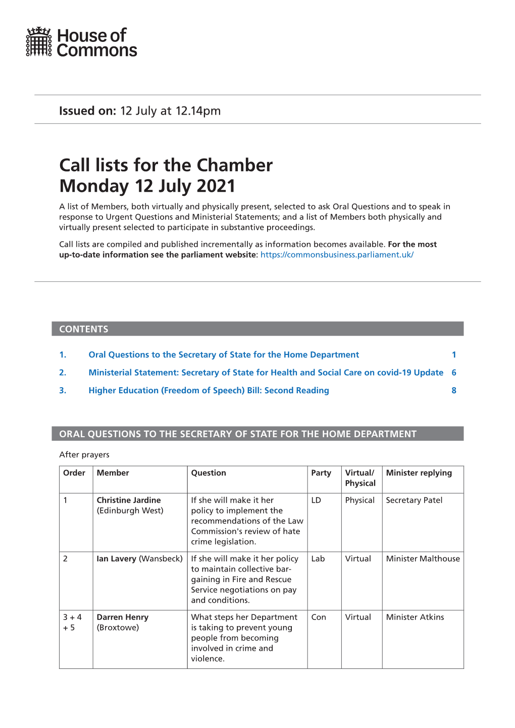 Call Lists for the Chamber Monday 12 July 2021