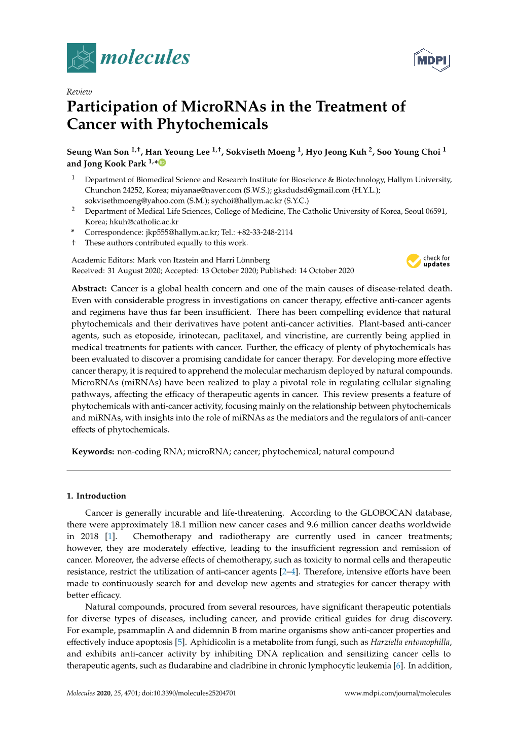 Participation of Micrornas in the Treatment of Cancer with Phytochemicals