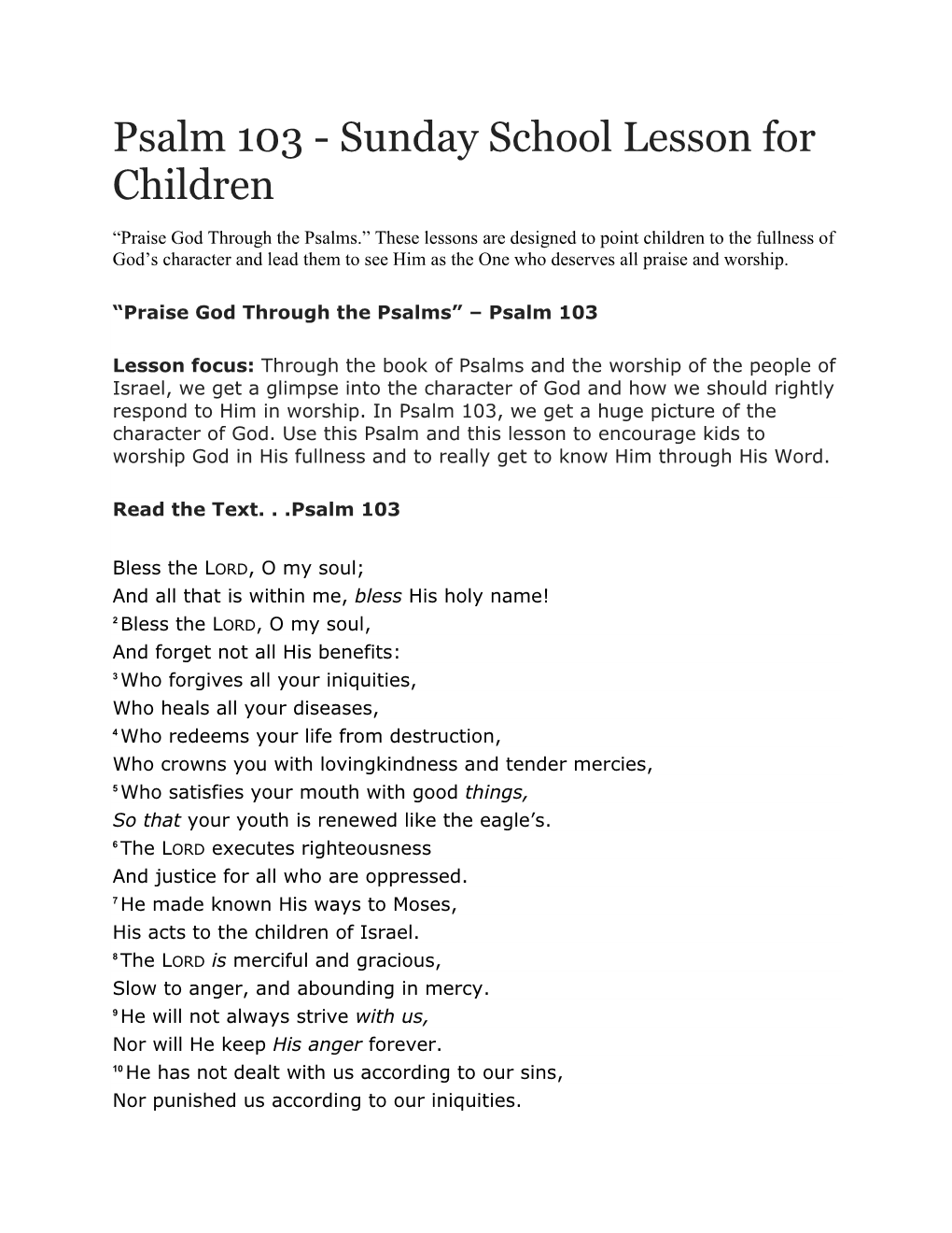 Psalm 103 - Sunday School Lesson for Children