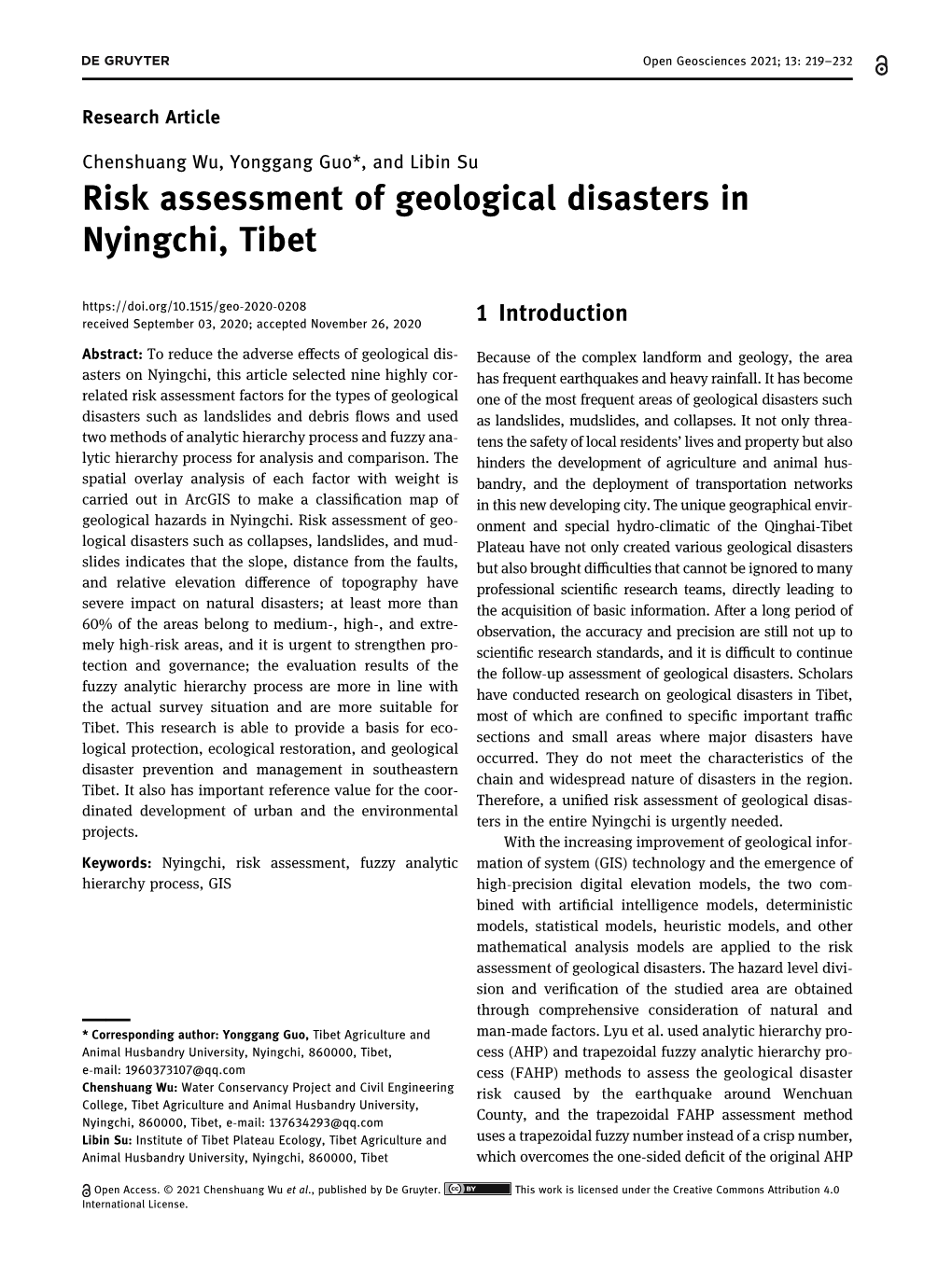 Risk Assessment of Geological Disasters in Nyingchi, Tibet