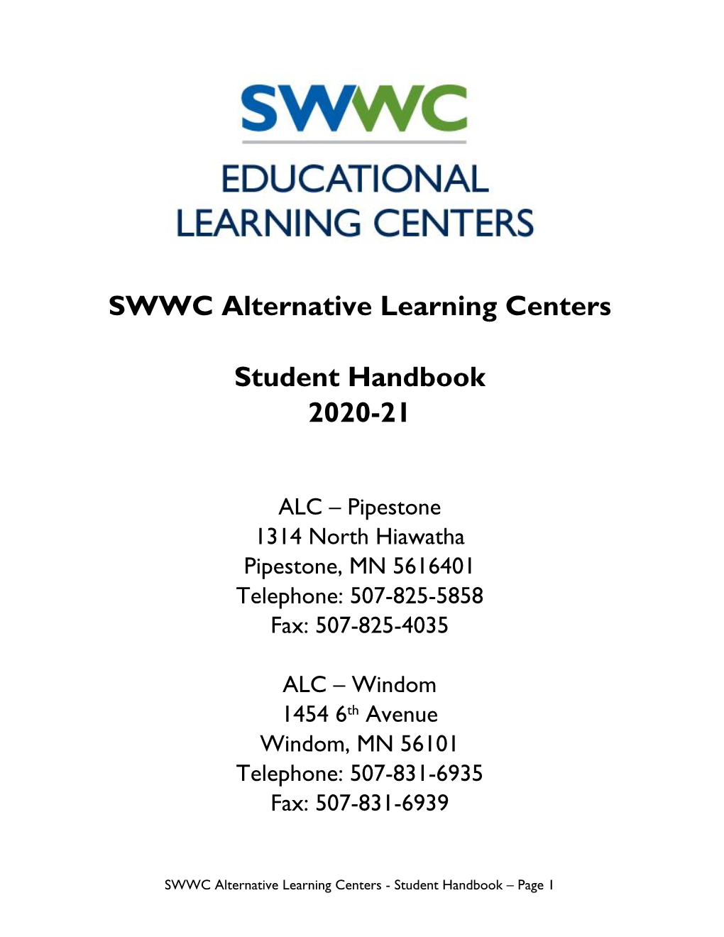 SWWC Alternative Learning Centers Student Handbook 2020-21