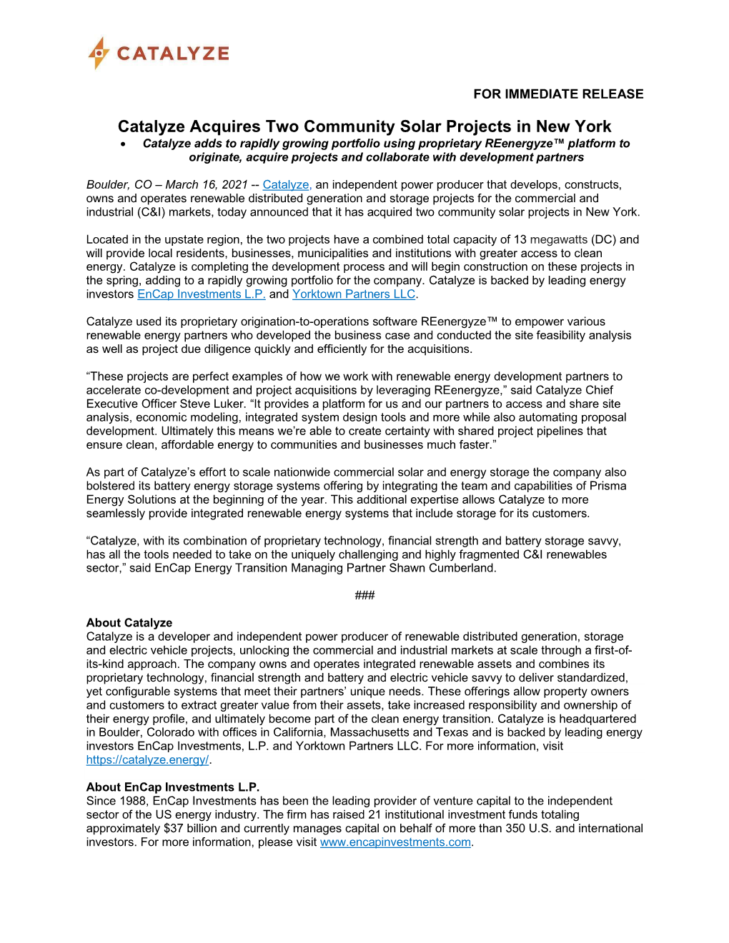 Catalyze Acquires Two Community Solar Projects in New York