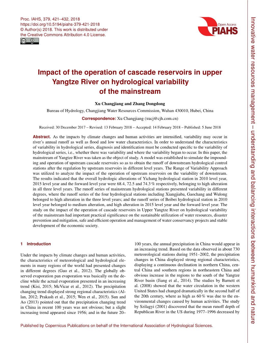 Impact of the Operation of Cascade Reservoirs in Upper Yangtze River on Hydrological Variability of the Mainstream