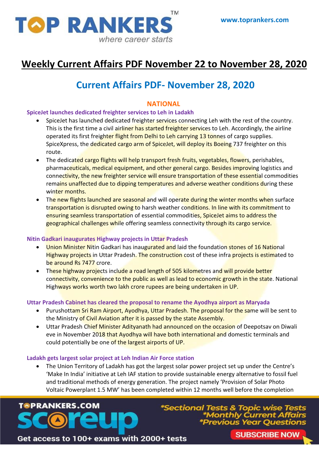 Current Affairs PDF November 22 to November 28, 2020