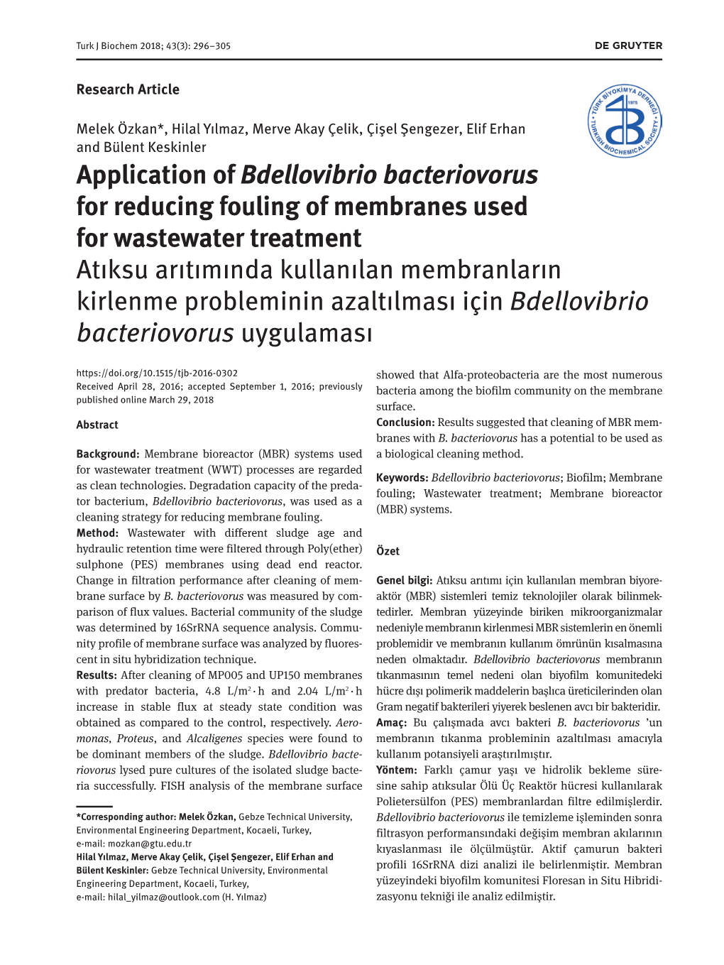 Application of Bdellovibrio Bacteriovorus for Reducing Fouling Of