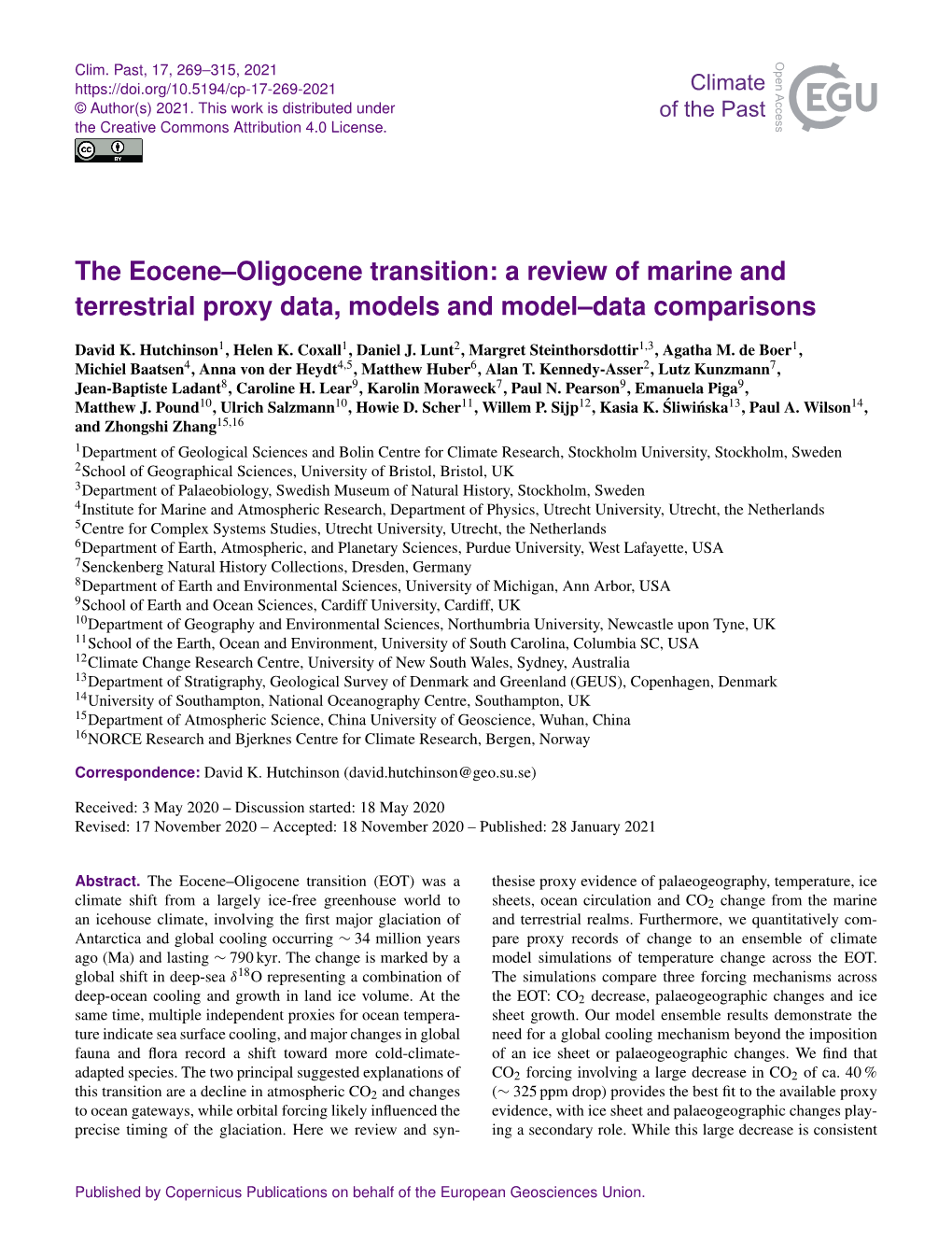 The Eocene–Oligocene Transition: a Review of Marine and Terrestrial Proxy Data, Models and Model–Data Comparisons