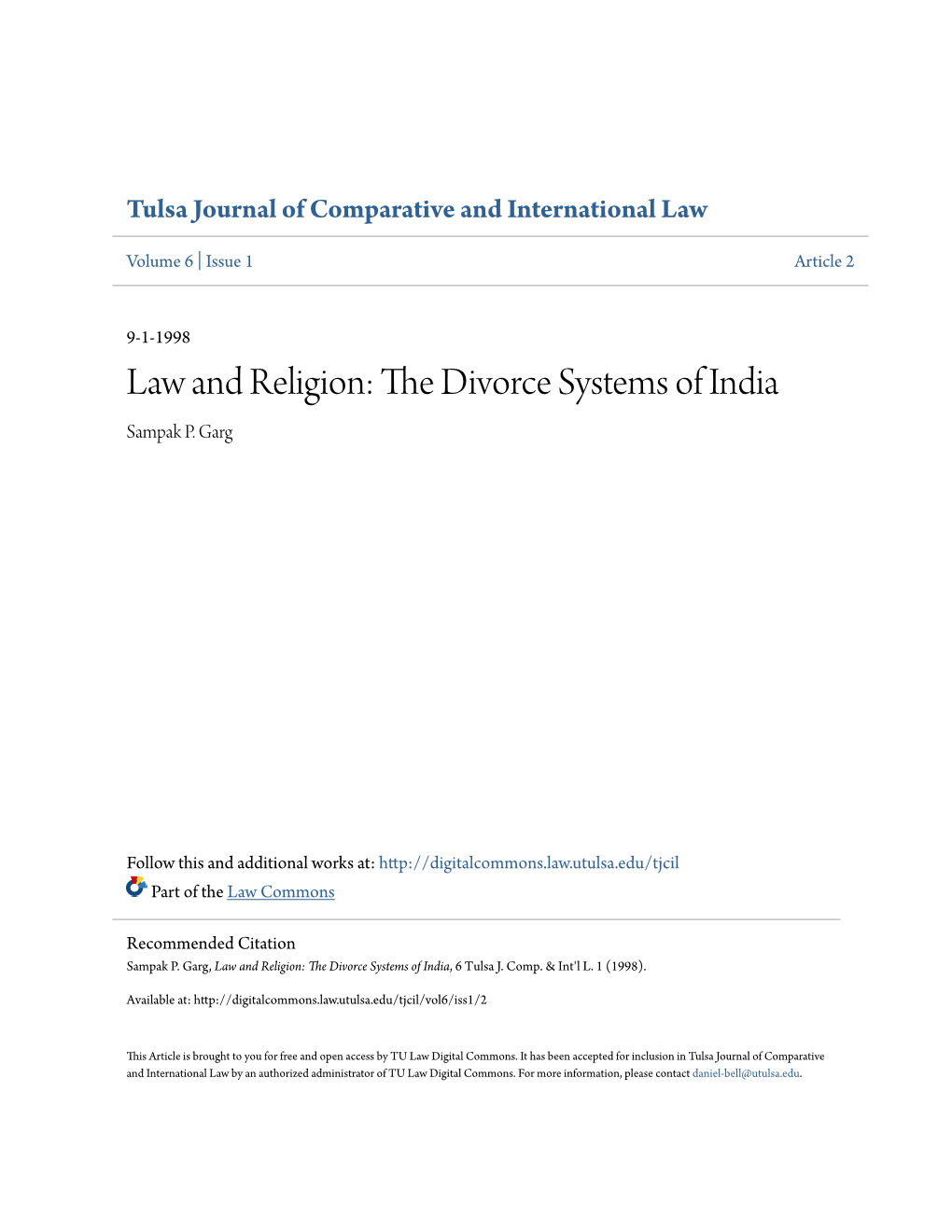 Law and Religion: the Divorce Systems of India Sampak P
