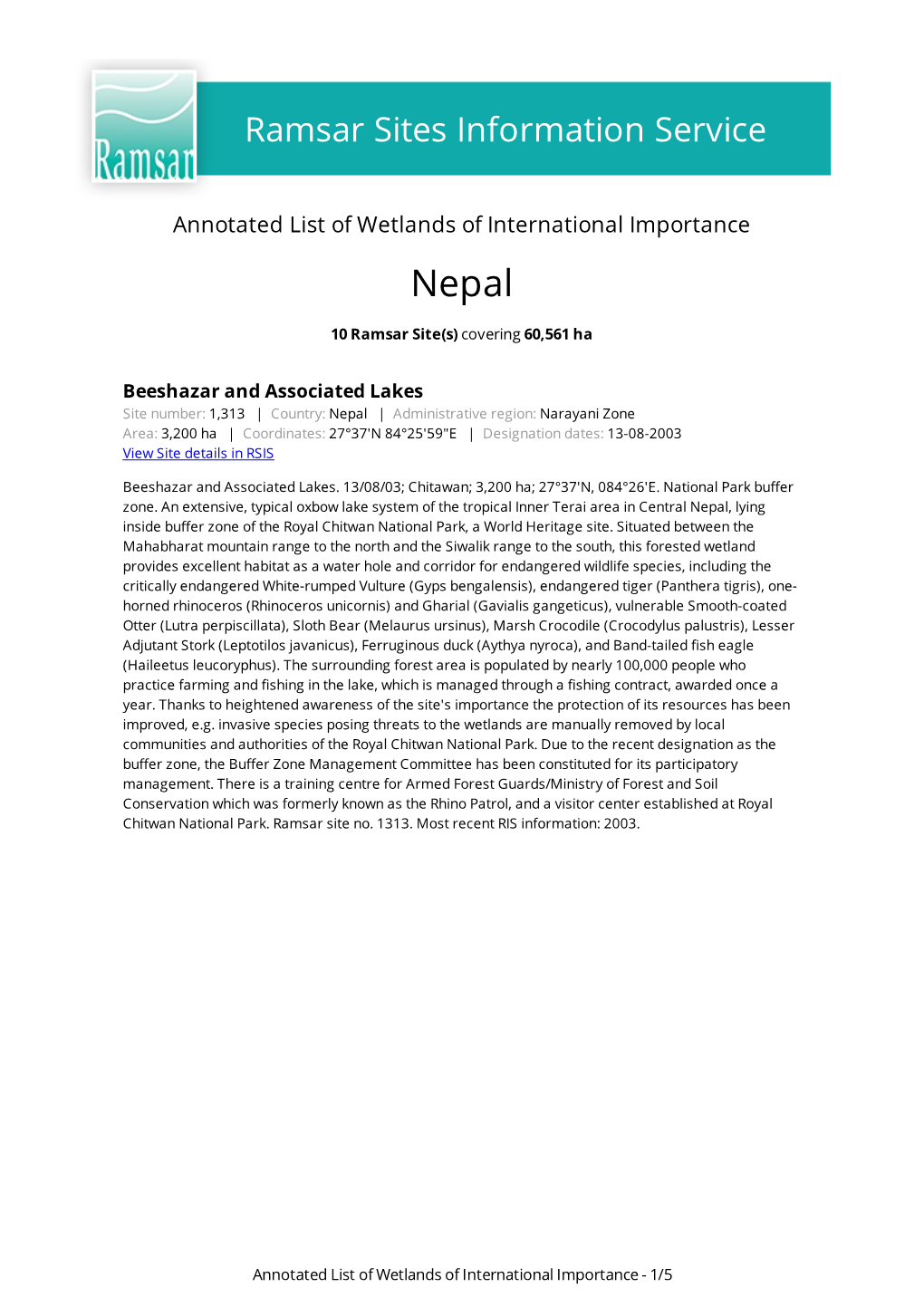 Annotated List of Wetlands of International Importance Nepal