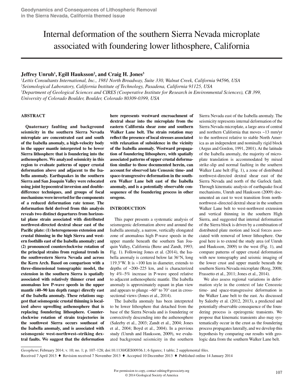 Internal Deformation of the Southern Sierra Nevada Microplate Associated with Foundering Lower Lithosphere, California