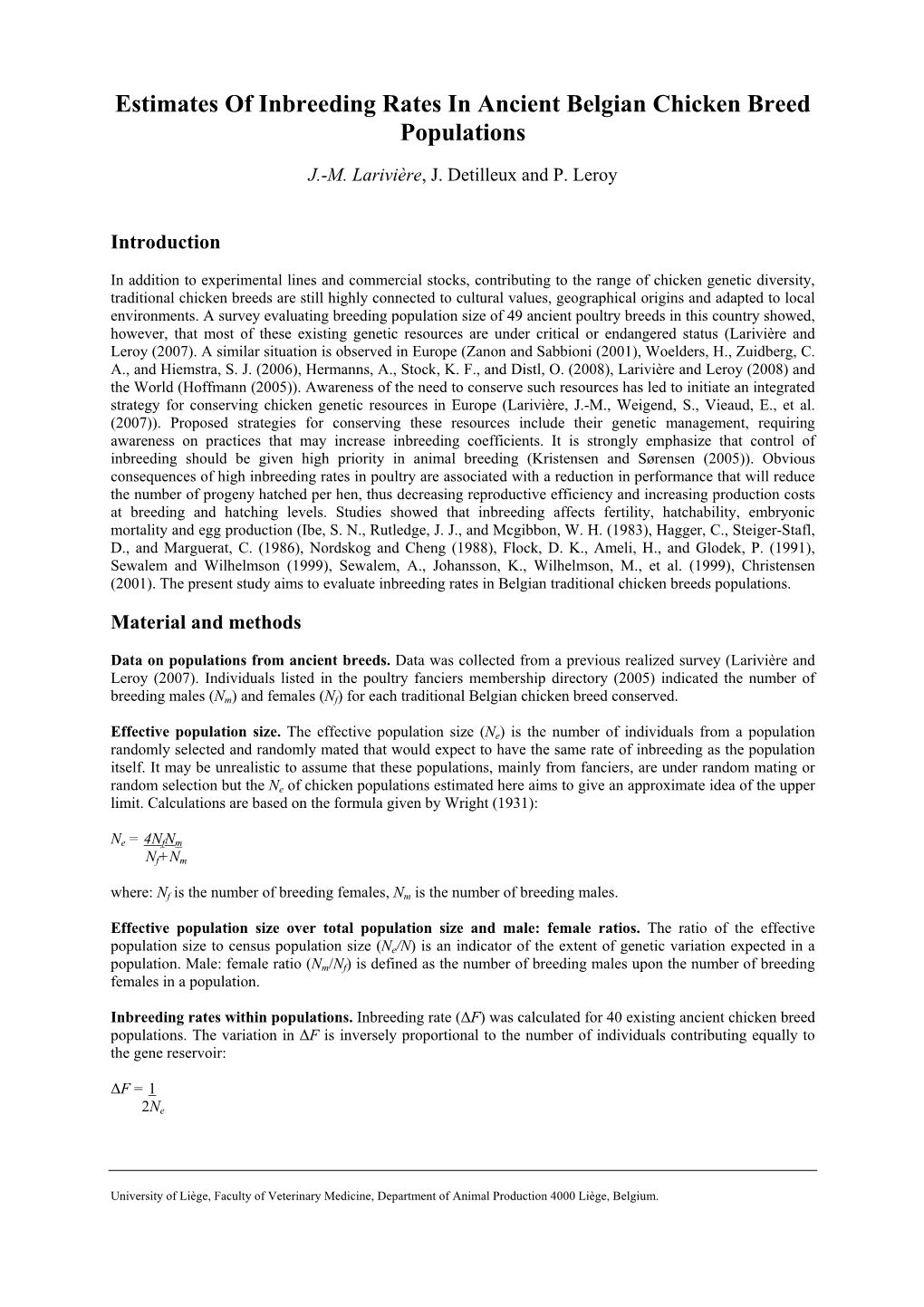 Estimates of Inbreeding Rates in Ancient Belgian Chicken Breed Populations