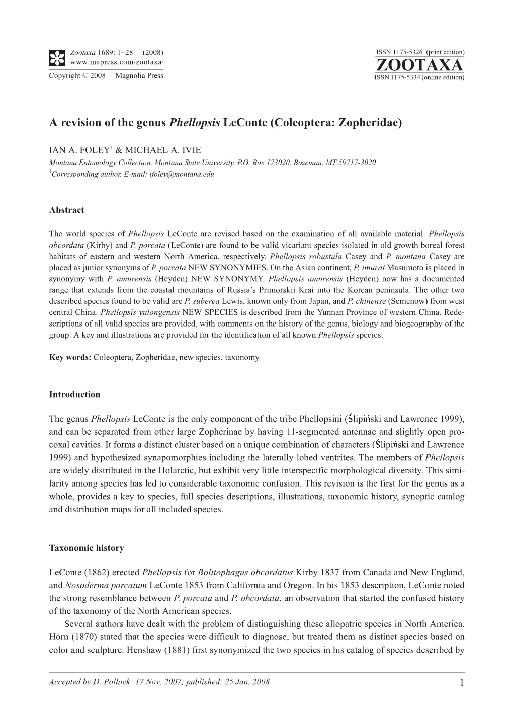 Zootaxa,A Revision of the Genus Phellopsis Leconte (Coleoptera