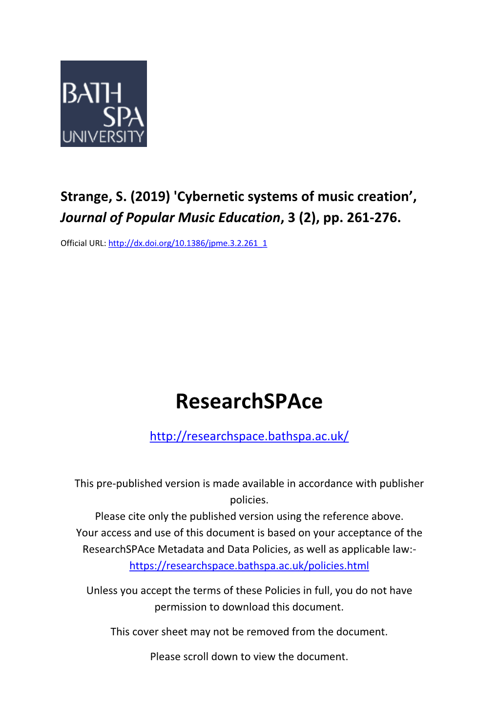 Strange, S. (2019) 'Cybernetic Systems of Music Creation'