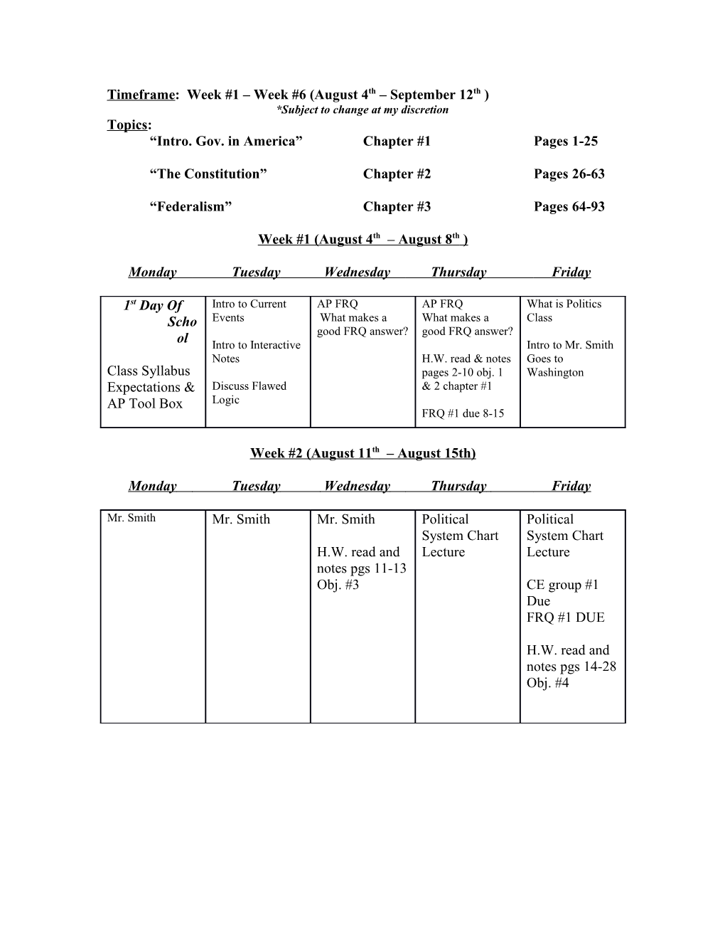 Timeframe: Week #1 Week #4 (August 16Th September 10Th)