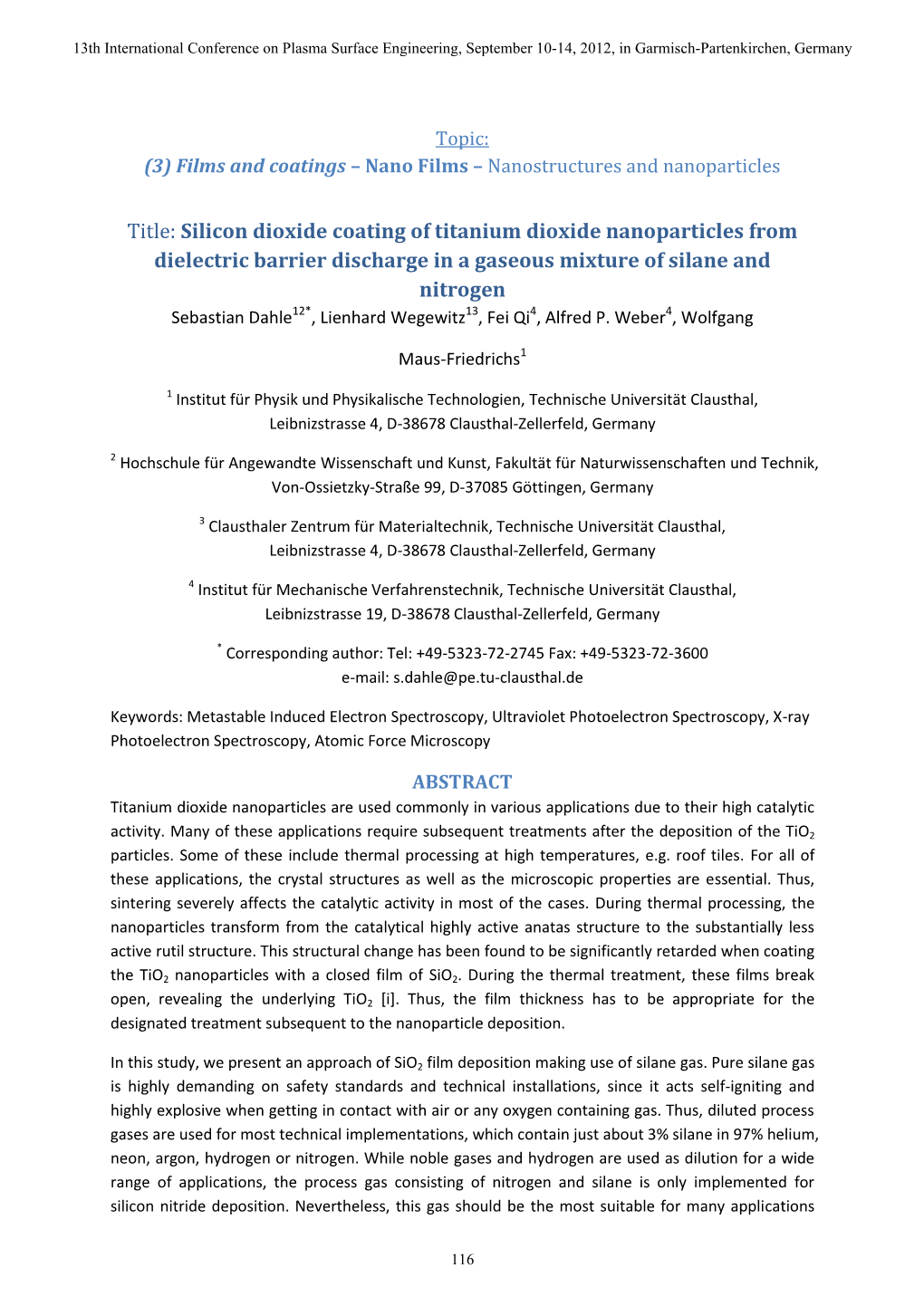 Title: Silicon Dioxide Coating of Titanium Dioxide Nanoparticles from Dielectric Barrier Discharge in a Gaseous Mixture of Silan