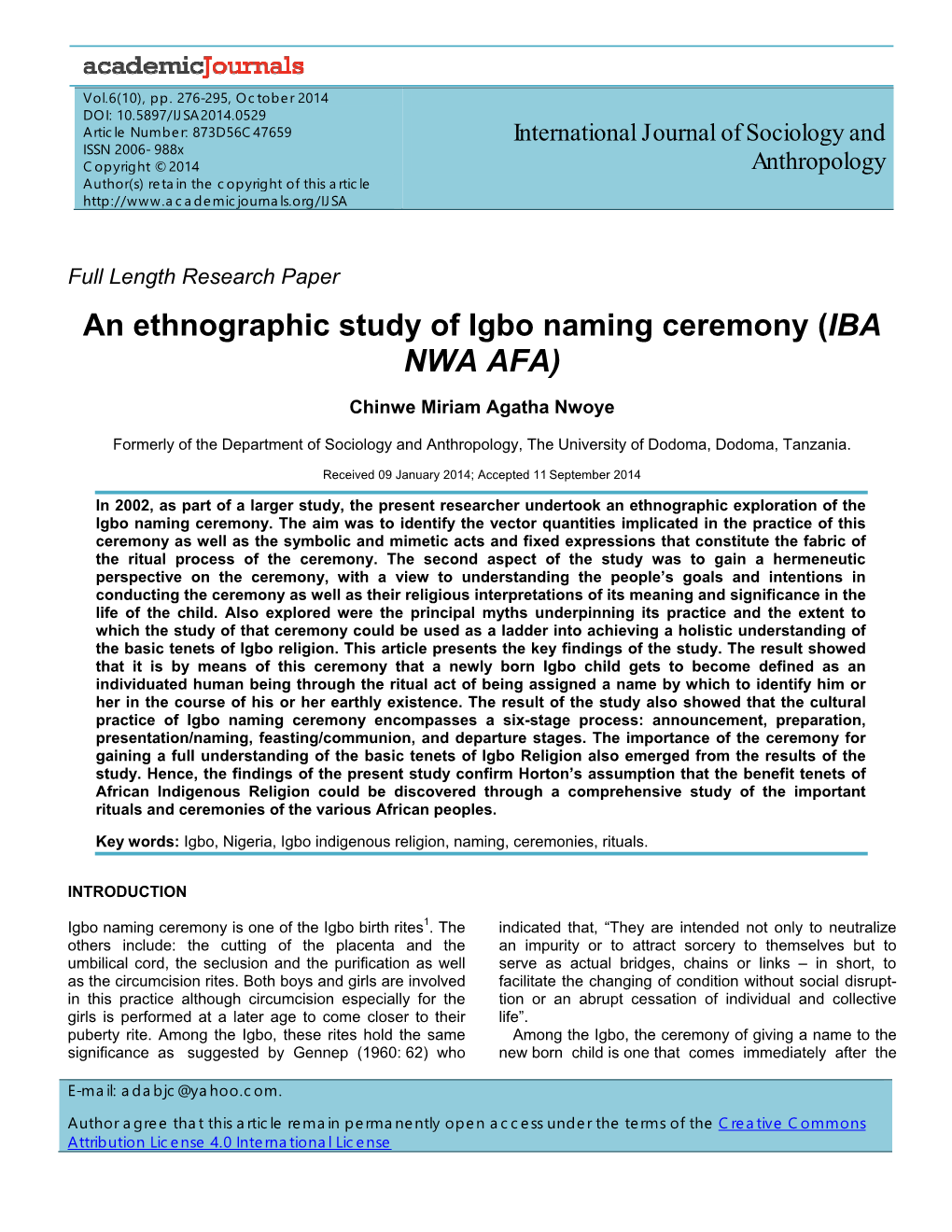 An Ethnographic Study of Igbo Naming Ceremony (IBA NWA AFA)