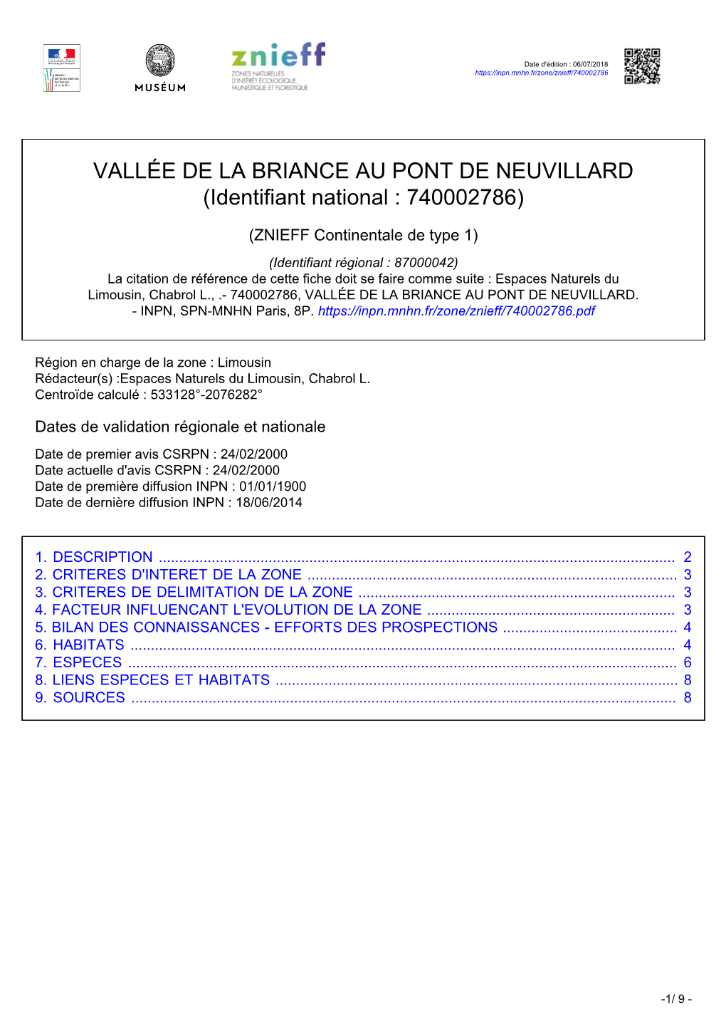 VALLÉE DE LA BRIANCE AU PONT DE NEUVILLARD (Identifiant National : 740002786)
