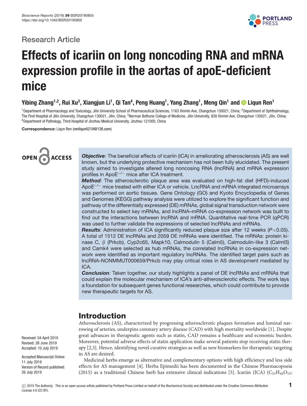 Effects of Icariin on Long Noncoding RNA and Mrna Expression Profile