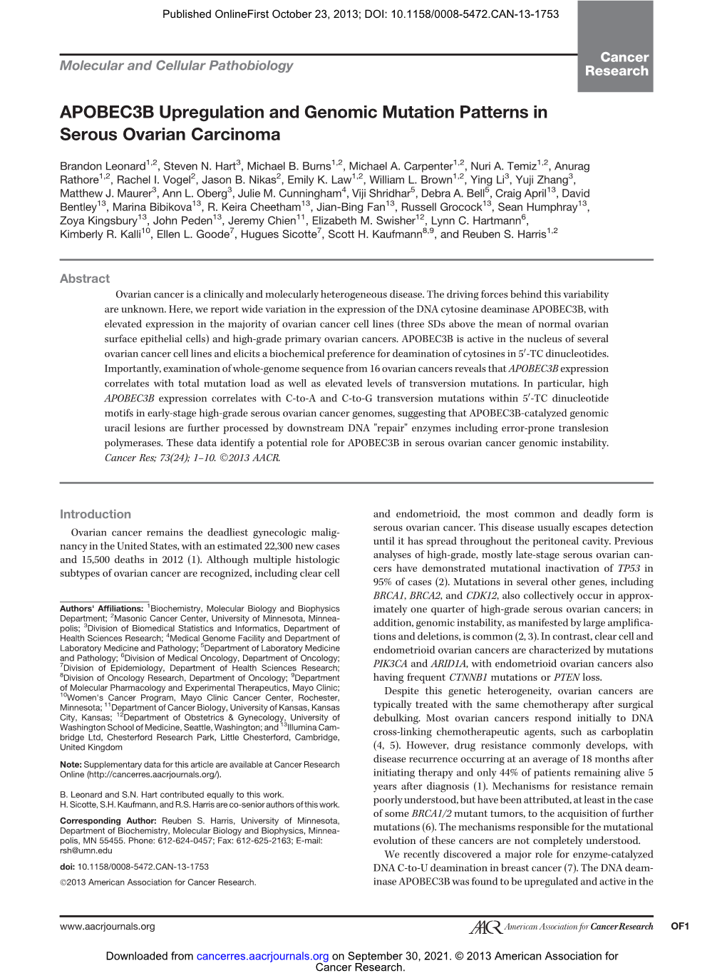 APOBEC3B Upregulation and Genomic Mutation Patterns in Serous Ovarian Carcinoma